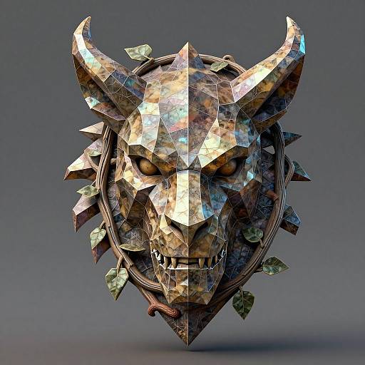 Digital 3D art of a metallic, faceted, horned mask with sharp spikes, reflective surfaces, and a menacing expression against a gray background