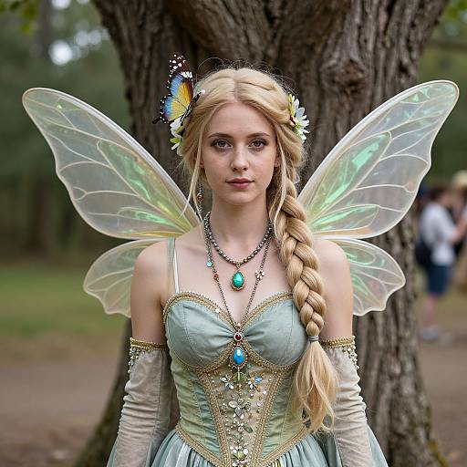Digital art of a blonde fairy with translucent wings, wearing a light blue corset dress, gold arm sleeves, and turquoise necklace, standing against a tree