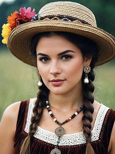 Young Woman in Gypsy Costume with Twin Braids