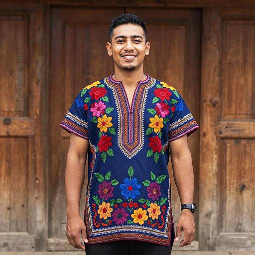 Photograph of a smiling, short-haired Hispanic man in a colorful embroidered black shirt with red, orange, and yellow flowers, standing against a wooden door