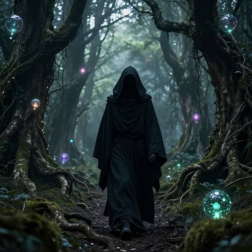 Mysterious hooded figure in dark cloak walks through enchanted forest, surrounded by glowing, colorful bubbles between twisted, moss-covered trees. Digital art.