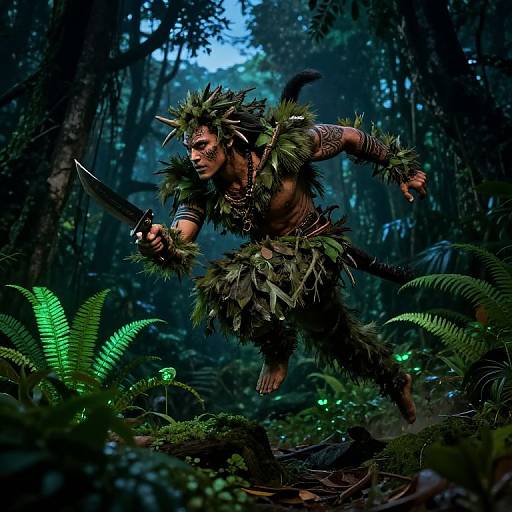 Digital fantasy artwork of a fierce, muscular warrior with green leafy armor, tribal tattoos, and a dagger, sprinting through a dense, dark jungle