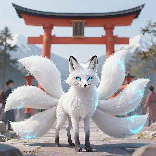 Nine-Tailed Fox with Blue Aura at Torii Gate