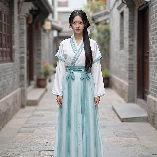 Photograph of an Asian woman with long black hair, wearing a white and light blue traditional Korean hanbok, standing in a narrow, stone-w