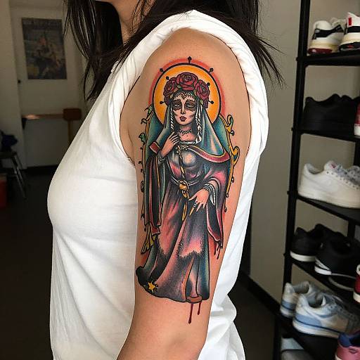 Woman Displaying Detailed Santa Muerte Tattoo