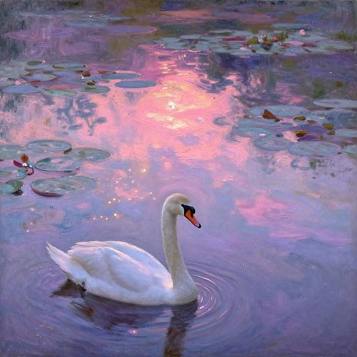 Digital painting of a white swan with an orange beak, gliding in a reflective, pink and purple pond with lily pads.
