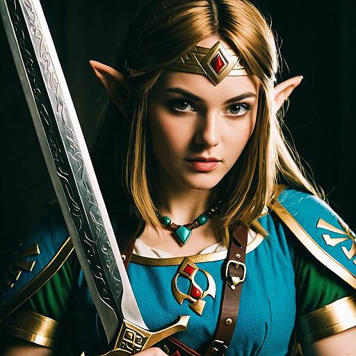 Digital art of a fierce, blonde elf woman with pointed ears, wearing a blue tunic, gold armor, a gemmed headpiece, and holding