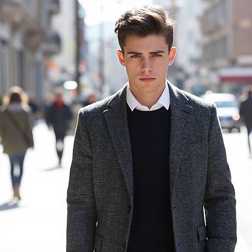 Photograph of a handsome young man with short brown hair, wearing a grey blazer, black sweater, and white shirt, standing in a bright,