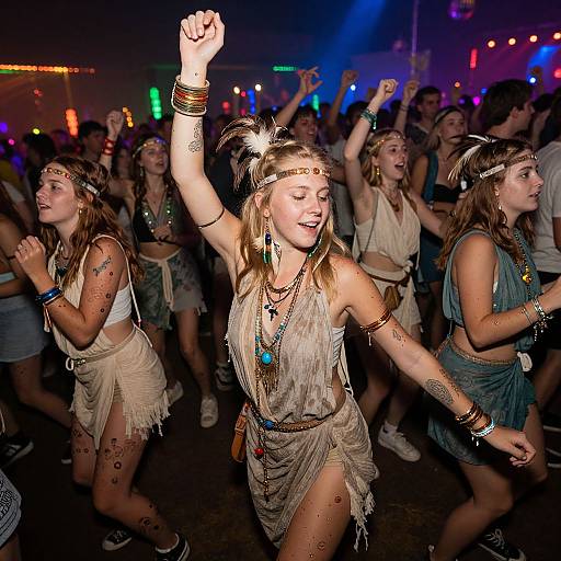 Photograph of a lively dance party with young women in tribal-inspired, gold and green fringe dresses, adorned with jewelry, raising arms under colorful club lights