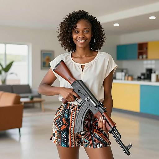 Smiling Woman with AK-47 in Bright Room