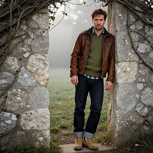Photograph of a bearded man in a brown leather jacket, green sweater, and blue jeans, standing in a stone archway with vines, on