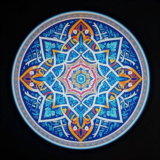 Vibrant, circular, digital mandala with intricate blue, white, and orange patterns, featuring symmetrical geometric shapes and Arabic calligraphy, set