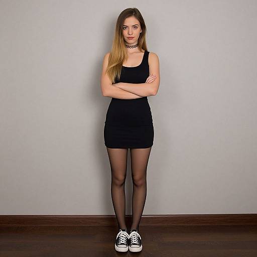 Photograph of a young woman with long blonde hair, black choker, sleeveless black mini dress, black tights, and white sneakers, standing
