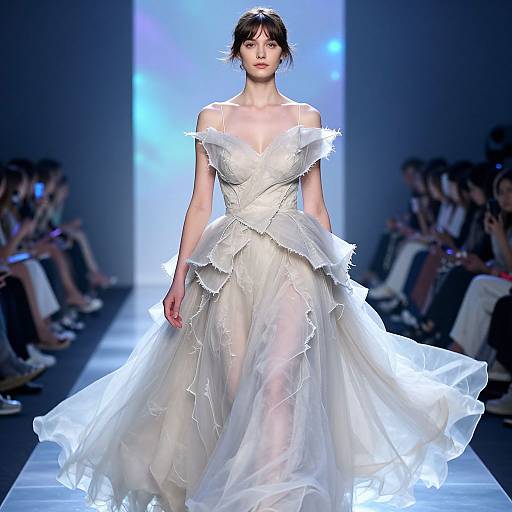 Photograph of a slender woman with pale skin and dark hair, wearing a white, off-the-shoulder, ruffled, tiered wedding dress