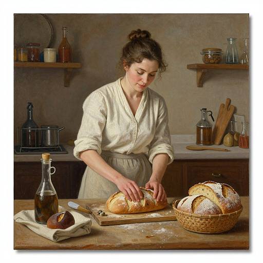 Photograph of a fair-skinned woman with brown hair in a bun, wearing a white apron, shaping bread on a wooden table in a rustic