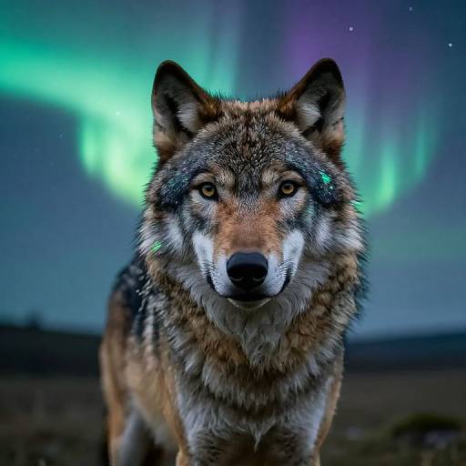 Photograph of a wolf with intense eyes, standing in front of a vibrant northern lights display, showcasing detailed fur and a striking, colorful aurora background