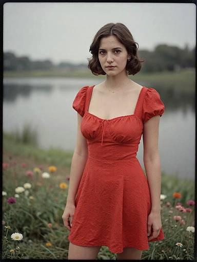 Photograph of a young woman with short brown hair, wearing a red, short-sleeved, square-neck dress, standing in a garden by a