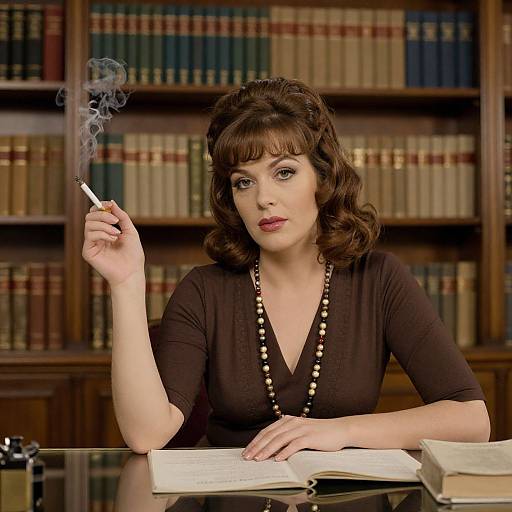 Photograph of a brunette woman with wavy hair, smoking a cigarette, wearing a black V-neck top with beads, in a library with booksh