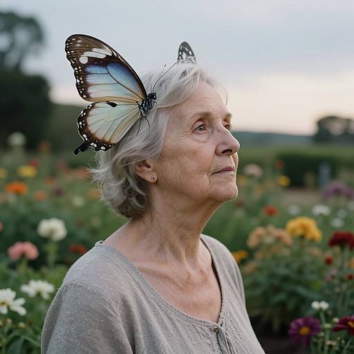 Photograph of an elderly woman with white hair, wearing a gray top, adorned with a large blue and black butterfly on her head, gazing thought