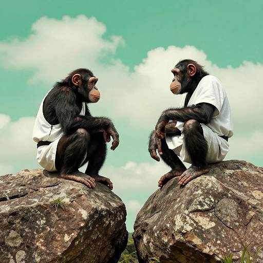 Photograph of two chimpanzees in white garments, sitting on rocks, facing each other against a bright blue sky with white clouds.