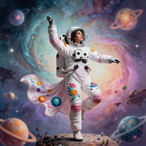 Digital artwork of a diverse woman in a white, colorful-patterned spacesuit dancing in a vibrant, cosmic galaxy with planets.