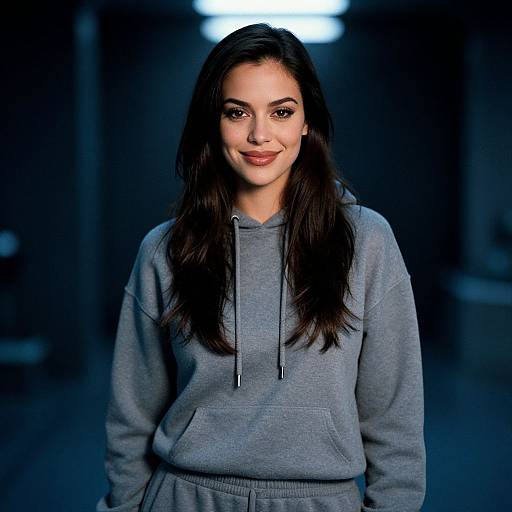 Photograph of a smiling young woman with long dark hair, wearing a gray hoodie, standing in a dimly lit, blurred background.