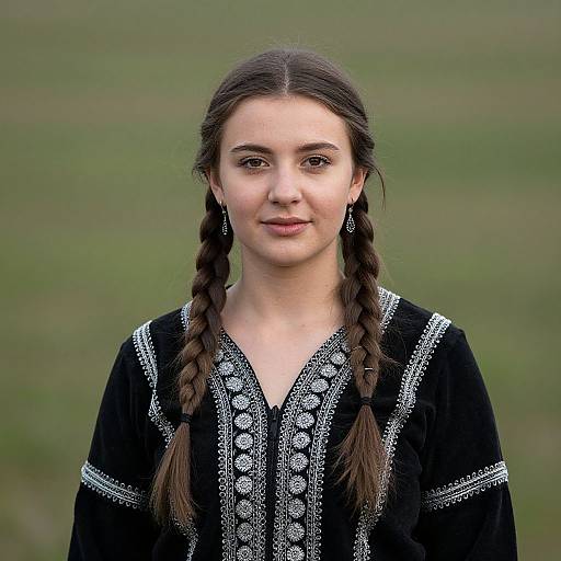Photograph of a young woman with light skin, brown eyes, and long brown braided hair, wearing a black embroidered traditional dress, standing against a