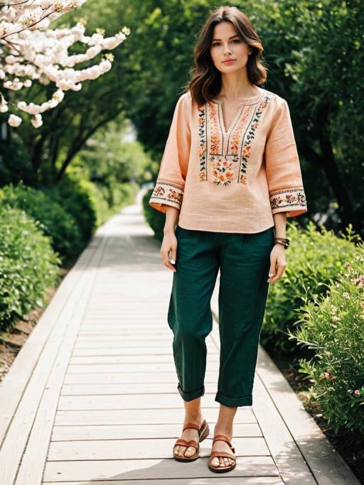 Woman in Peach Embroidered Blouse and Green Pants Outdoors