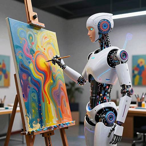 Photorealistic CGI of a humanoid robot painting a vibrant, abstract swirl on canvas in an art studio with blurred paintings.
