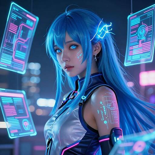 CGI anime-style girl with blue hair, glowing cybernetic tattoos, neon-lit futuristic city background, holographic screens floating around her.