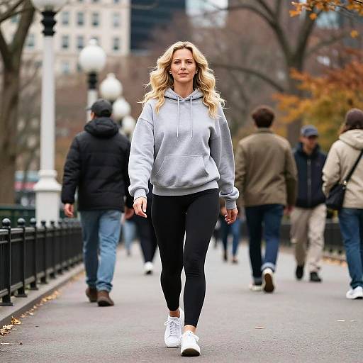 Photograph of a blonde woman with wavy hair, wearing a gray hoodie, black leggings, and white sneakers, walking through a park with autumn trees