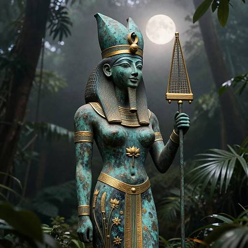 Moonlit Neith Statue in Misty Jungle