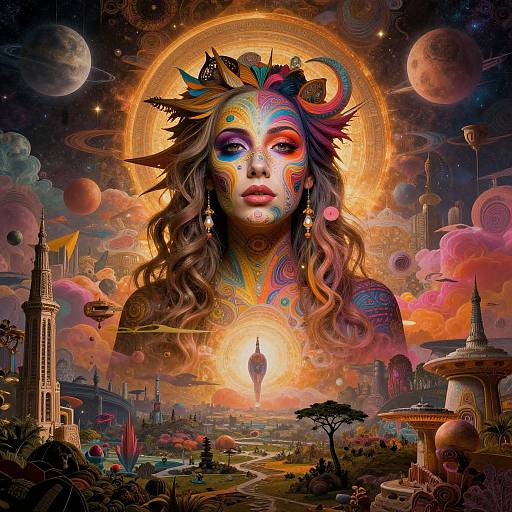 Surreal digital artwork of a colorful, face-painted woman with wild hair, glowing halo, and cosmic background featuring planets, towers, and floating