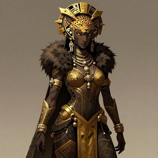 Digital artwork of a dark-skinned, fierce female warrior in gold armor with intricate designs, black fur cape, and ornate headdress.