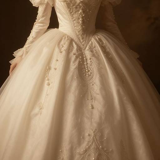 Photograph of an elegant, white, lace-embroidered, ball-gown wedding dress with puffed sleeves, illuminated by soft, warm light