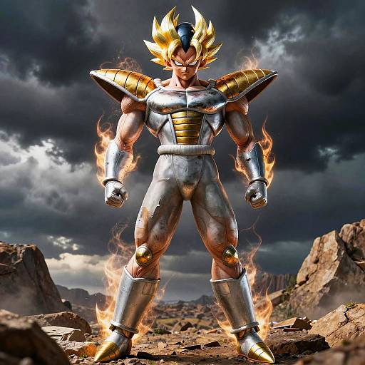 Digital art of a muscular, silver-armored warrior with golden, spiky hair and flames around his body, standing in a rocky, stormy landscape