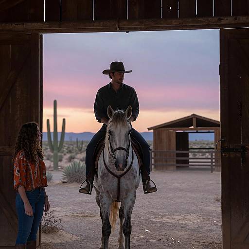Sunset Ride: Man, Horse, and Barn