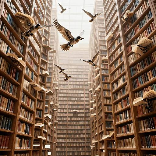 Photograph of a tall library with towering shelves filled with books, flanked by flying pigeons against a bright sky.