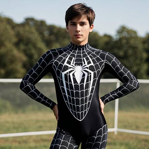 Young man in black spider web unitard outdoors