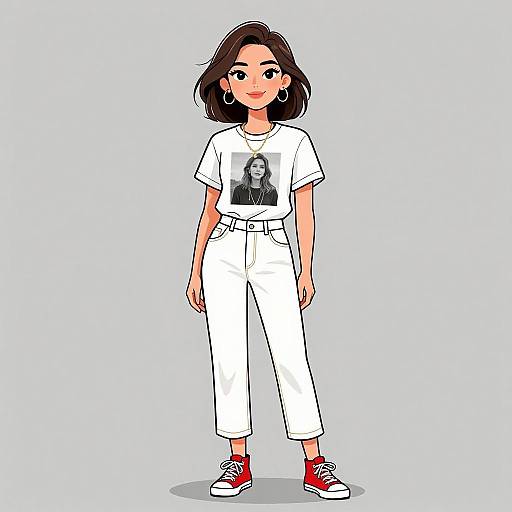 Digital cartoon of a young woman with medium-length dark hair, wearing a white t-shirt with a black-and-white photo, white pants, and red sneakers