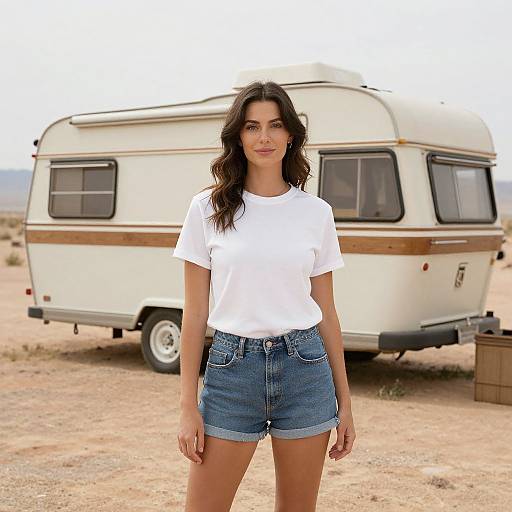 Woman by Vintage Camper in Desert