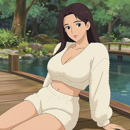 Anime-style digital drawing of a fair-skinned woman with long black hair, wearing a fluffy white crop top and shorts, sitting on a wooden dock by