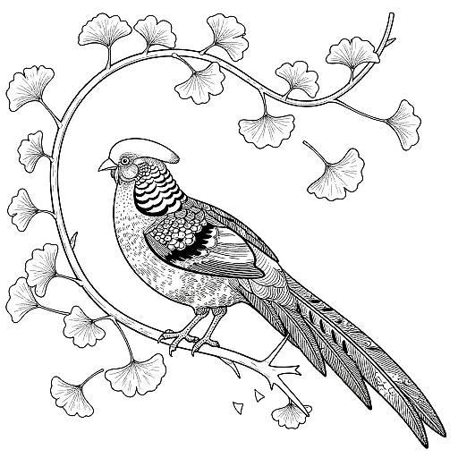 Edo Style Golden Pheasant Line Art