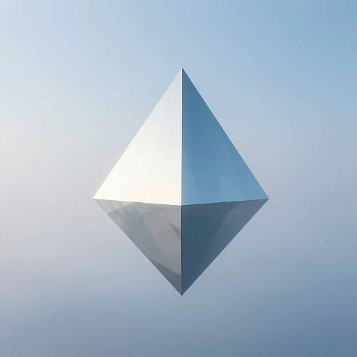 Photograph of a transparent, blue-tinted glass pyramid floating against a clear, light blue sky, creating a minimalist, modern aesthetic.