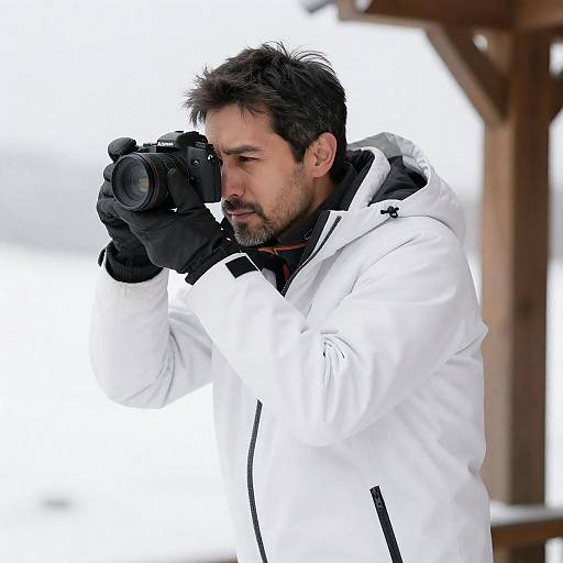 Focused Photographer in Snowy Winter Scene