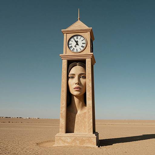 Photograph of a clock tower with a realistic, full-face woman's portrait inside, set against a clear blue sky and desert landscape.
