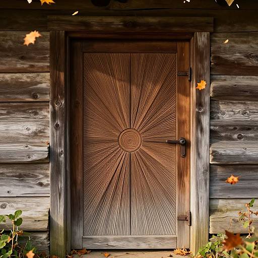 Rustic Wooden Door with Autumn Leaves