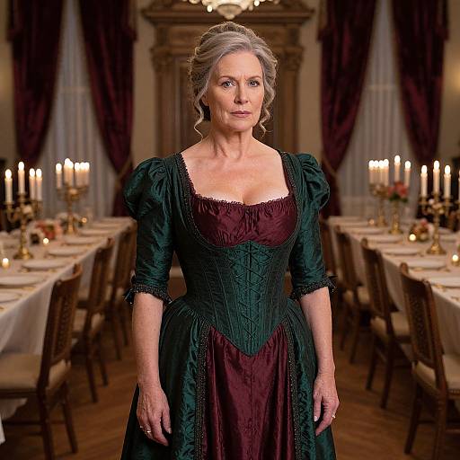Photograph of a mature woman with gray hair in an elegant, dark green and maroon Victorian-style dress, standing in a candlelit, formal dining