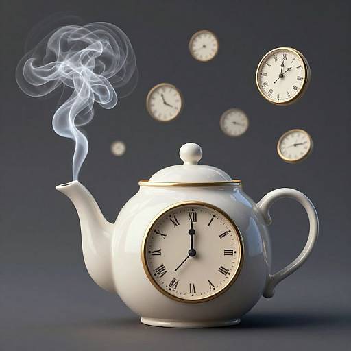 Photograph of a white teapot with a clock on its front and back, smoke swirling from its spout, surrounded by floating clocks against a dark