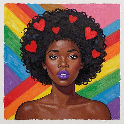 Digital portrait of a dark-skinned woman with an afro, purple lipstick, red hearts on her head, against a vibrant rainbow background.